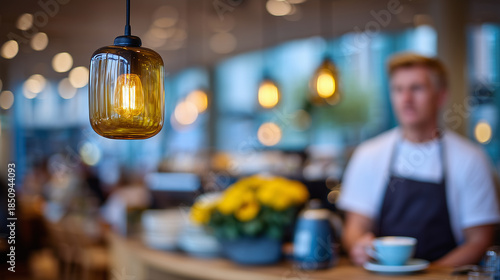 Modern cafe corner with stylish lighting fixtures, warm tones, wooden accents, barista in the background preparing coffee, creating a sense of comfort and sociability