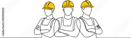 One line drawing of a group of male builders wearing safety helmets, symbolizing teamwork and collaboration in a modern continuous line vector illustration