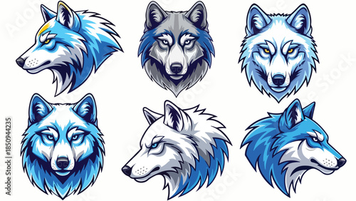 Dynamic Vector Art Wolf Heads in Blue Gray and White Hues