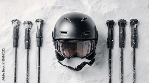 Black ski helmet and ski poles symmetrically arranged flat lay on transparent background