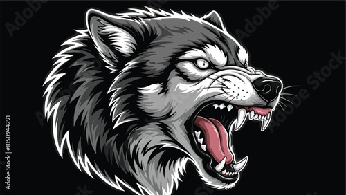 Powerful grey wolf head with bared fangs and an aggressive snarl