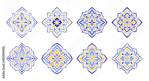 Mediterranean patterns set. Floral mosaic design. Blue yellow traditional Spanish, Portuguese, Sicilian, Italian motifs on white background. Geometric ethnic ornament for ceramic. Vector illustration