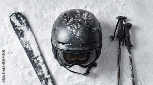 Black ski helmet and ski poles dusted with snow powder flat lay on transparent background