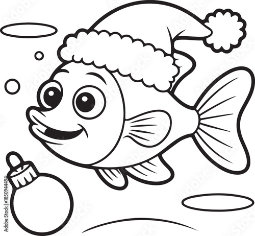 Funny cartoon vector illustration of a tropical fish swimming in a glass aquarium designed with a colorful underwater sea life pattern