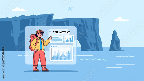 Cartoon Hiker Examining Trip Metrics on Tablet.