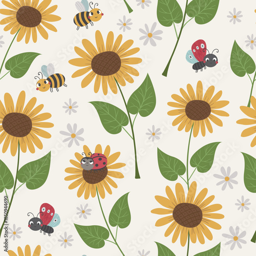 Vector seamless pattern with sunflowers, bees, ladybugs and butterflies. Perfect for kids fabric, paper and gift designs