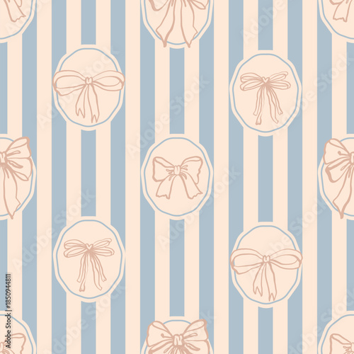 Seamless pattern with hand drawn bows and ribbons with blue stripes on the background. Perfect for wallpaper, textiles, wrapping paper, greeting cards and more.