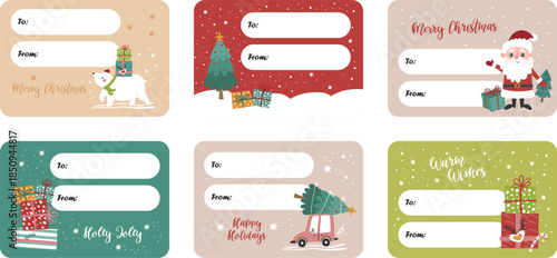 Set of blank templates for Christmas personalized gift labels and stickers. Design "from and to" with Santa Claus, car, bear and gifts