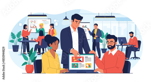 Illustration of diverse business team collaborating in a modern office, discussing project ideas and data on a laptop during a creative brainstorming session