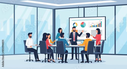 Illustration of business team conducting a meeting in a modern conference room, analyzing data and charts presented on a large screen