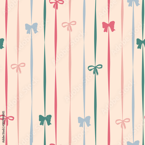 Seamless pattern with hand drawn bows and ribbons with stripes on the background. Perfect for fabric, wallpapers and gift designs