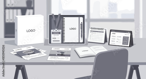 Illustration of corporate identity branding mockup featuring a binder, notebook, id badge, calendars, and brochures on an office desk