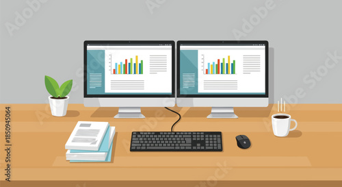 Illustration of workstation with dual monitors displaying business charts and financial data, a keyboard, mouse, books, plant, and coffee cup
