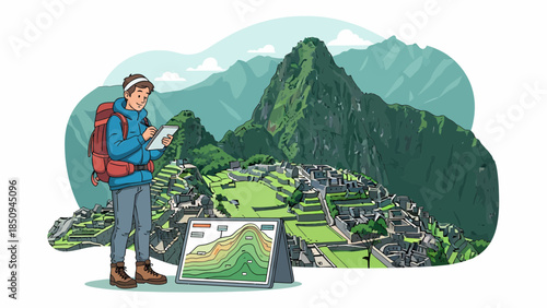 Hiker with Backpack and Map Standing 1.