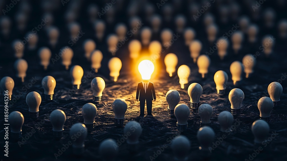 Obraz premium Two figures stand in front of a glowing lightbulb, surrounded by many other lightbulbs in a dim setting. The illuminated lightbulb above the heads of the figures symbolizes an outstanding idea 