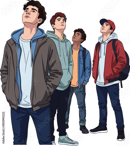 Create a kinds of deferent Three teenage boys standing in the street and looking up, vector art with white background..