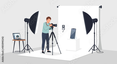 Illustration of professional photographer in a studio setting capturing product shots of a smartphone and other items with lighting equipment, isolated on