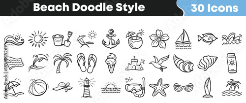 Hand drawn collection of thirty black and white doodle style icons representing various summer beach vacation elements on transparent background