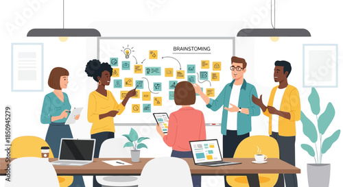 Illustration of diverse business team collaborating and brainstorming ideas in a modern office meeting room, analyzing data and developing new strategies
