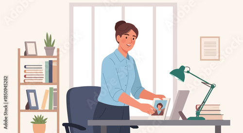 Illustration of woman standing at her desk in a home office, organizing her workspace and personalizing it with a framed photograph