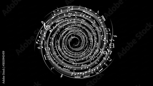 Musical Notes Spiraling into Infinity on Black Background Abstract Digital Art