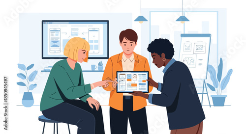 Illustration of three diverse colleagues collaborating on a user interface design project, reviewing mobile app layouts on a tablet in a modern office