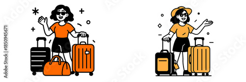 Traveling woman with luggage in vibrant vector illustration