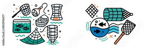 Playful fishing gear illustration with nets and traps