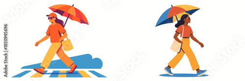 People walking with colorful umbrellas across a pedestrian crossing