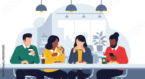 Illustration of diverse colleagues enjoying lunch break in a modern office cafeteria, eating and drinking, fostering teamwork and social connection