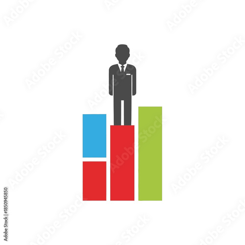 Businessman standing on highest bar chart pedestal signifying achievement, success, leadership, competition, ranking, and top performance metric visualization