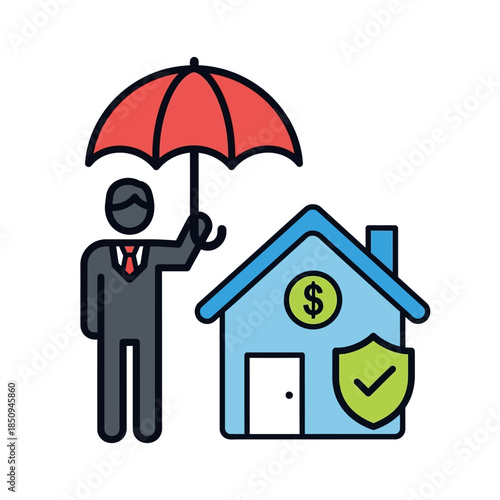 Home insurance protection concept, property security umbrella coverage, real estate investment safeguard, financial asset defense strategy illustration