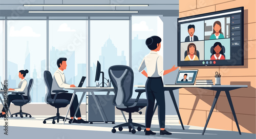 Illustration of modern openplan office environment with a team conducting a video conference meeting and other employees working at their desks