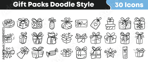 Collection of thirty charming hand drawn doodle style gift pack icons perfect for celebrations and holiday designs on transparent background