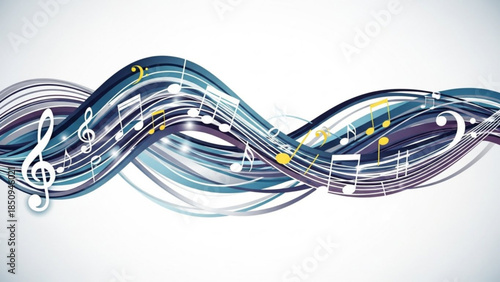 Musical Notes Flowing on Abstract Blue Purple Wavy Lines Vector Illustration on White Background