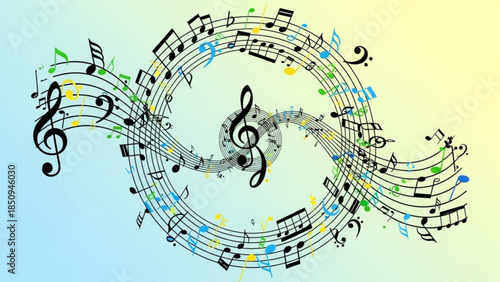 Music Notes Swirling in Colorful Spiral Design with Treble Clef and Bass Clef on Gradient Background Vector Illustration