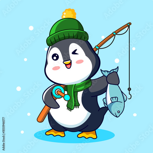 Happy Penguin Fisherman with a Fresh Catch Vector Illustration Cartoon Design