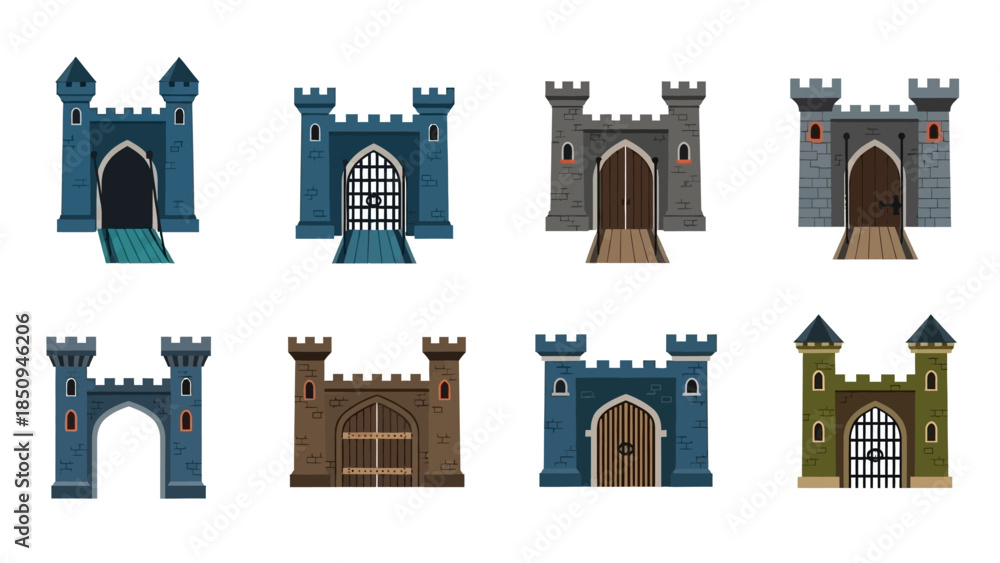 Naklejka premium Collection of illustrated medieval castle gatehouse designs perfect for fantasy games