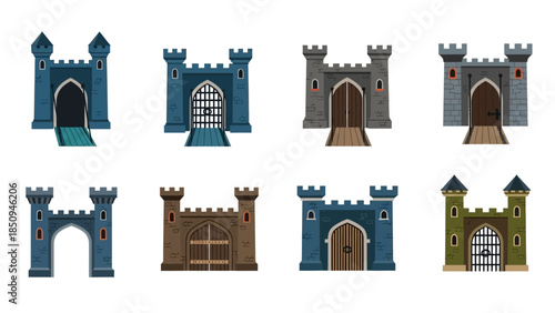 Collection of illustrated medieval castle gatehouse designs perfect for fantasy games