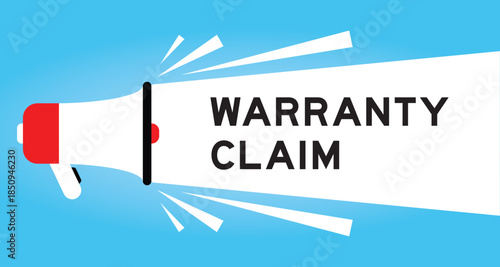 Color megaphone icon with word warranty claim in white banner on blue background