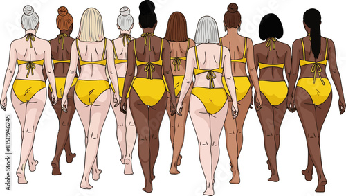 Create a kinds of deferent Woman in a yellow bikini walking back to the camera vector art with white background.