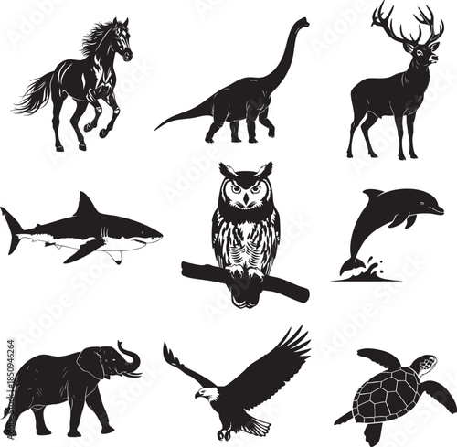 Collection of 9 Black Wild Animal Silhouettes - Horse, Eagle, Shark, Elephant, Owl, Deer, Dolphin, Dinosaur, and Turtle vector icons set isolated on white.