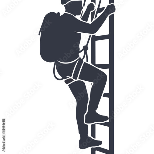 Silhouette of a mountaineer with a backpack climbing a steep ladder, rappelling gear attached, representing adventure and exploration
