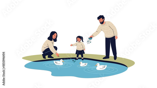 Family Enjoying a Day at the Pond Feeding Swans with Love and Care