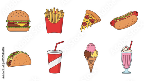 Delicious Cartoon Fast Food Assortment Illustration with Burger Pizza and More