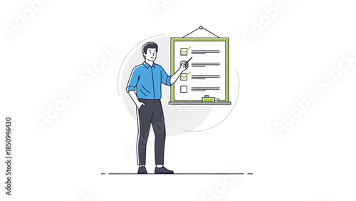 Professional business man pointing at checklist on a whiteboard representing task management and