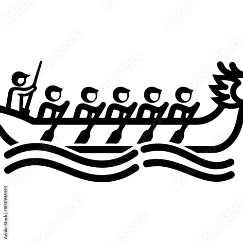 Stylized Dragon Boat Race with Rowers and Paddles on Wavy Water Surface, Vector Illustration of Traditional Competition