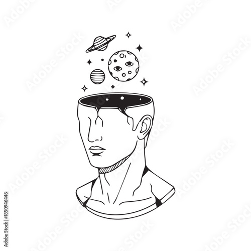 Surreal Hand Drawn Illustration of Human Bust with Open Head Revealing Space Galaxy and Planets Concept
