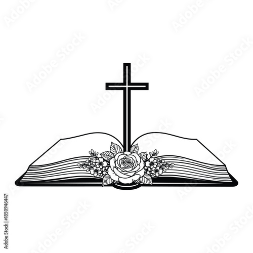 Open Bible with Cross and Rose Illustration open book