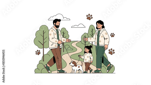 Family Enjoying Nature Walk in a Park with Pets in a Calm Outdoor Setting